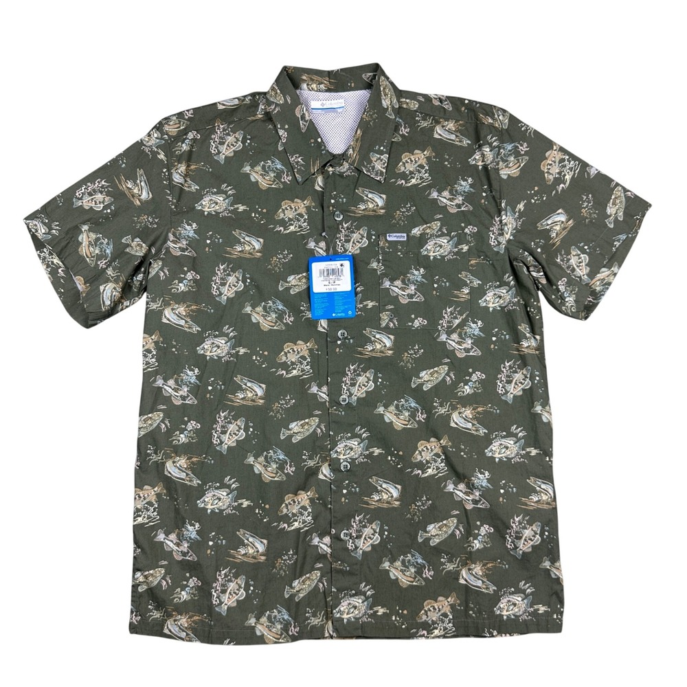 Columbia PFG Trollers Best Fish Print Shirt Mens Small Green Short Sleeve NWT